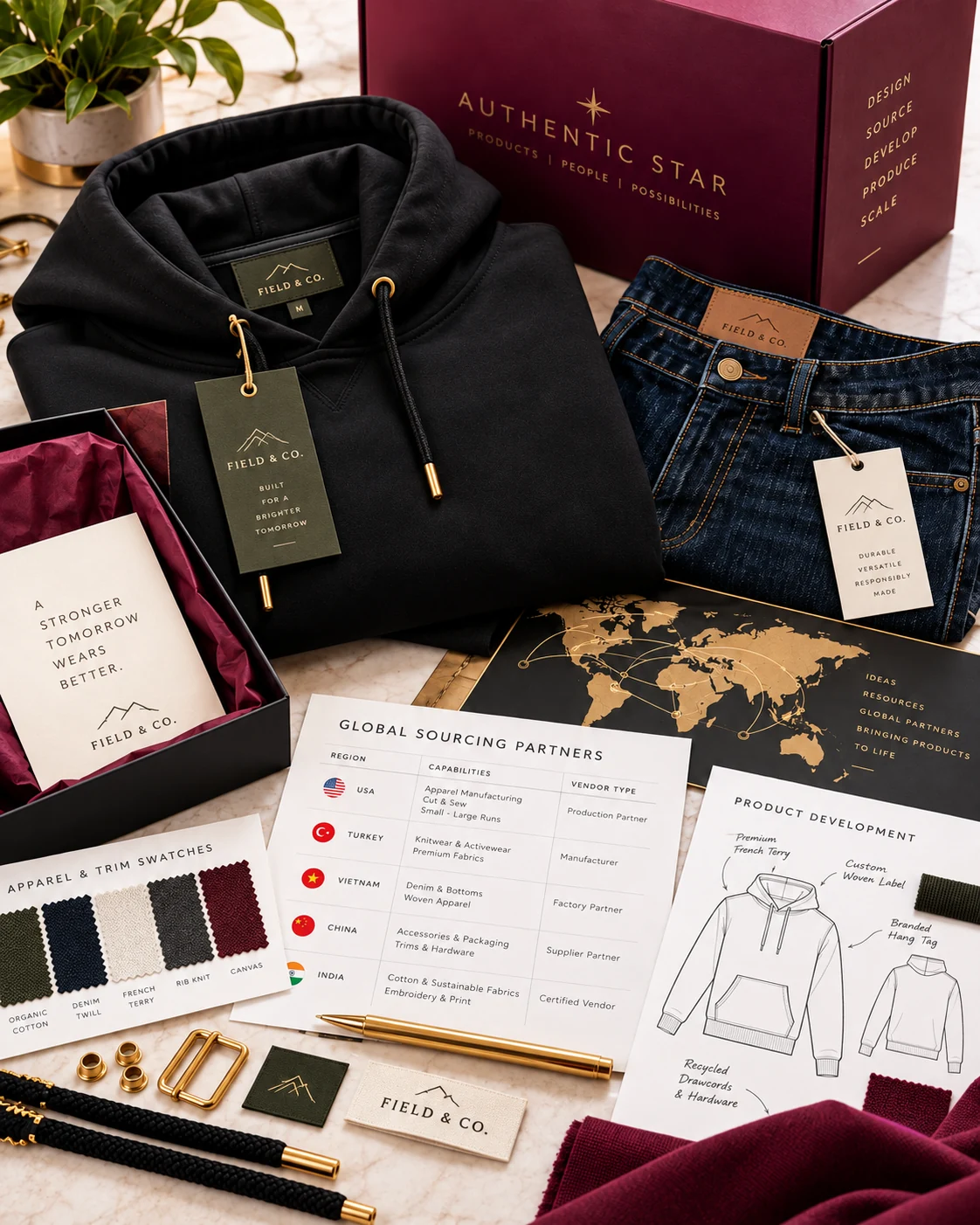 Illustrative client apparel brand development with custom hoodie, denim, labels, packaging, and sourcing references